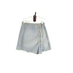 Zara Basic Denim Jean Mini Skirt Button Fringe Raw Hems Blue Jeans Womens Small